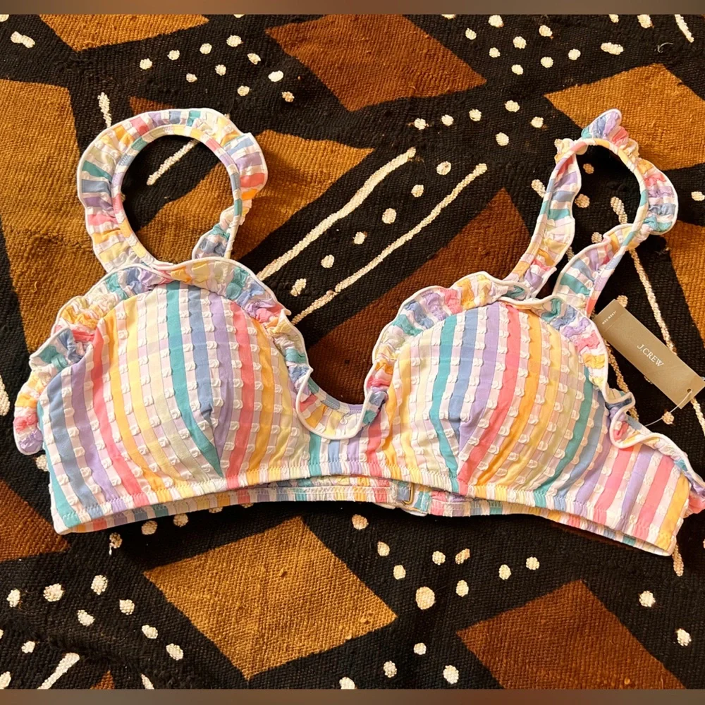 Ruffle french bikini top in rainbow seersucker - Picture 8 of 9